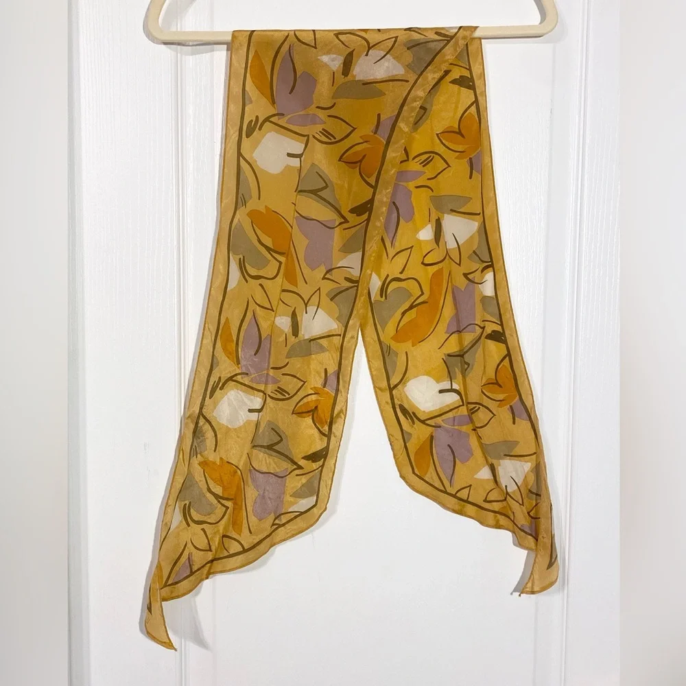 Vintage Honey SILK Abstract Floral Scarf 61”x8” Mustard